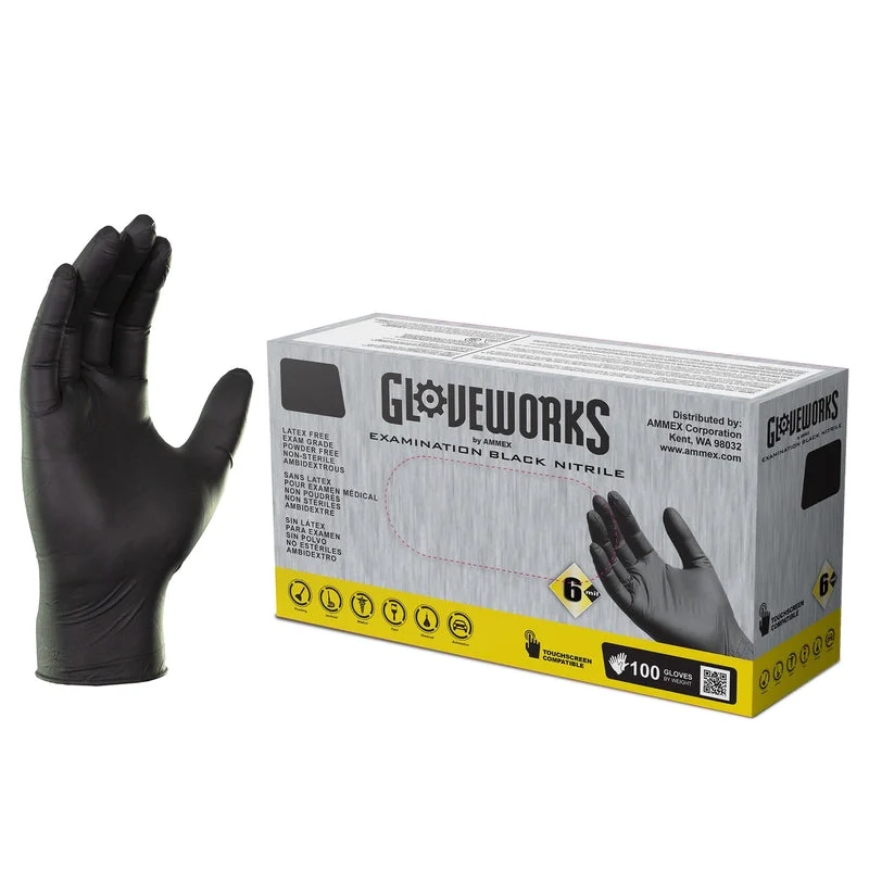 extended cuff gloves -  Ammex Gloveworks Nitrile Disposable Exam Gloves X-Large Black Powder Free 100 pk