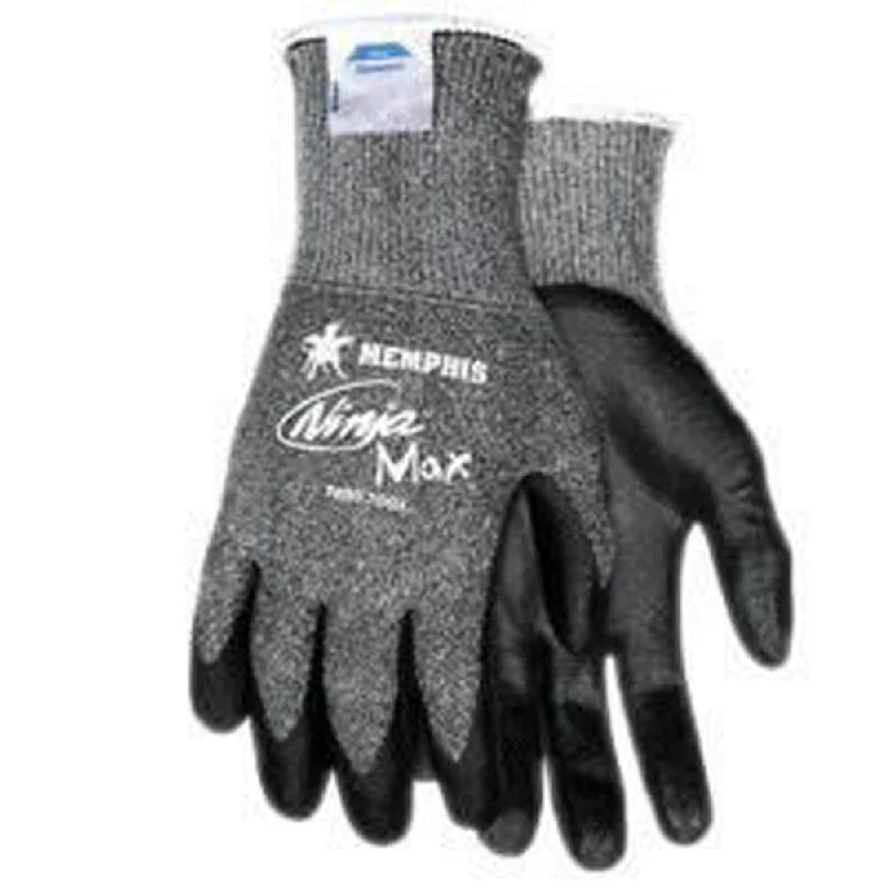 safe gloves -  Memphis Medium Ninja Max 10 Gauge Cut Resistant Black Bi-Polymer Palm And Fingertip Coated Work Gloves With Dyneema And Lycra Liner And Knit Wrist