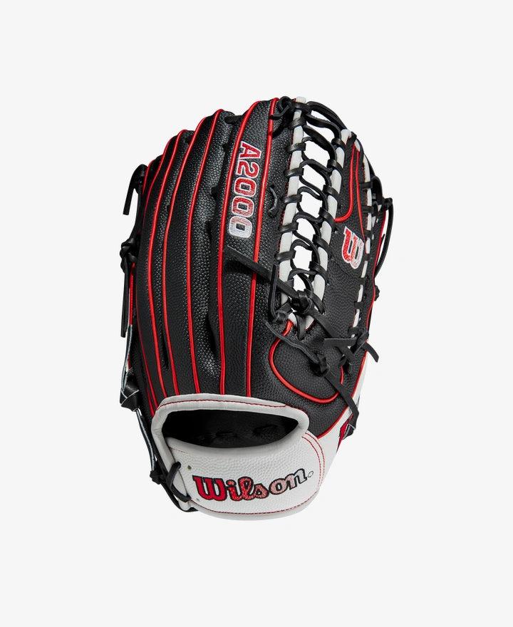 textured knit gloves -  Wilson A2000 12.75” Trapeze Web Black Red White Outfield Glove