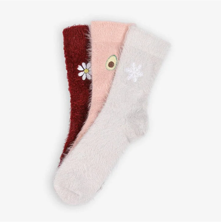 sock storage winter -  3-Pack Fuzzy Embroidered Women's Socks, Cozy Socks For Her, Stocking Stuffers, Embroidered Snowflake, Daisy, Avocado Socks, Fluffy Socks