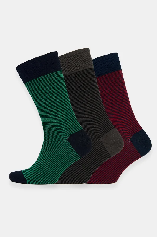 sock pairs winter -  Everyday Cotton Sock Fine Stripe 3 Pack - Green/Grey/Red