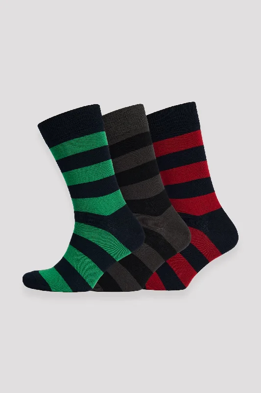 sock singles winter -  Everyday Cotton Sock Wide Stripe 3 Pack - Green/Grey/Red