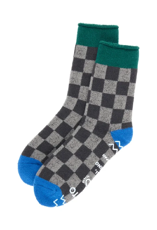 sock trends summer -  ROTOTO Pile Room Checkerboard Socks - Charcoal / Dark Green / Blue