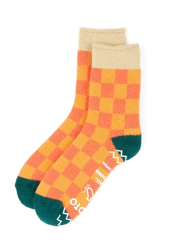 sock drying sports -  ROTOTO Pile Room Checkerboard Socks - Light Orange / Beige / Dark Green