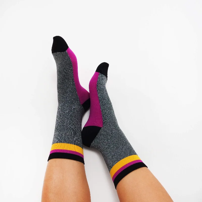 sock codes summer -  Women's Gray Glitter Socks With Pink/Yellow Stripes